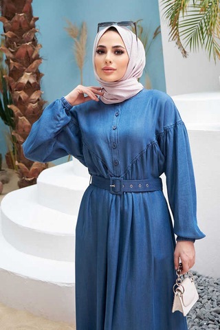 Neways 6586-Büzgülü Elbise Koyu Mavi