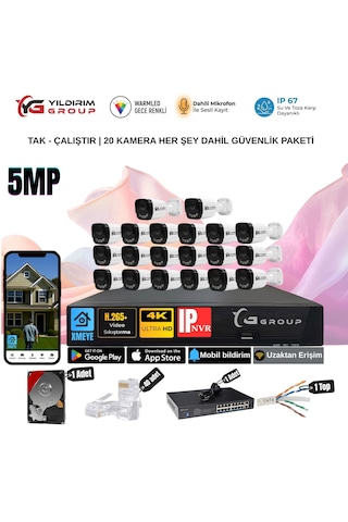 Yıldırımgroup 20 Kameralı Sesli 5mp Ip-gece Renkli Araç Ve Yüz Tanımalı Kamera Sistemi-hazır Kamera Seti