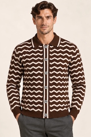 Tarz Cool Erkek Polo Yaka Zikzak Desenli Düğmeli Triko Hırka Akrilik Karışımlı Slim Fit Kahverengi