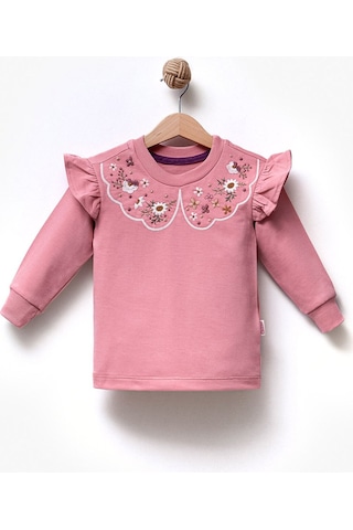 Overdo Kids Fırfırlı Yakası Çiçek Nakışlı 2 İplik Uzun Kol Kız Çocuk Sweatshirt Pembe