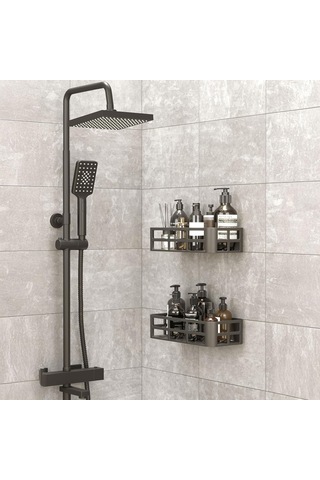 Lexroo 2'li Set Siyah Yapışkanlı Banyo Duş Rafı