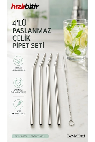Bymyhand Paslanmaz Çelik Pipet 4'lü Set Temizleme Fırçası Hediye Diğer