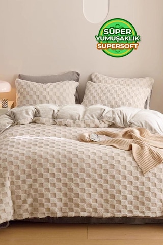 Evlen Home Çift Taraflı Kişilik Kürk Yorgan Uyku Seti Yumuşak Dolgulu Yatak Örtüsü 3 Parça Polo Krem