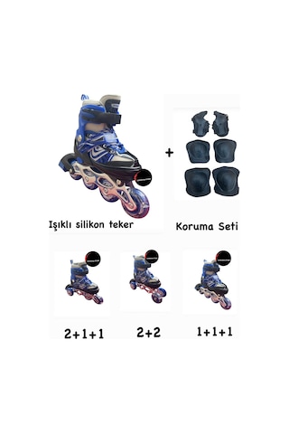 Işıklı Çocuk Pateni Ayarlanılabilir Alıştırma Silikon Tekerli Frenli Metal Gövdeli Paten Dizlik Set Mavi