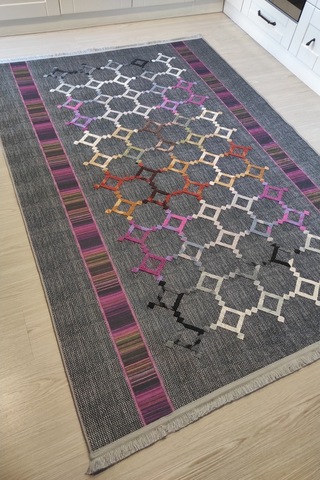 Gri Nakışlı Salon Halısı Dekoratif Kaymaz Modern Mutfak Halısı