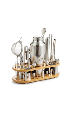 Weichuang01 Bambu Standlı 23 Parça Profesyonel Paslanmaz Çelik Aracı Kokteyl Çalkalayıcı Seti Gümüş