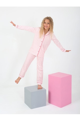 Kız Çocuk Uzun Kollu %100 Pamuklu Düğmeli Pijama Takımı Pure Pembe