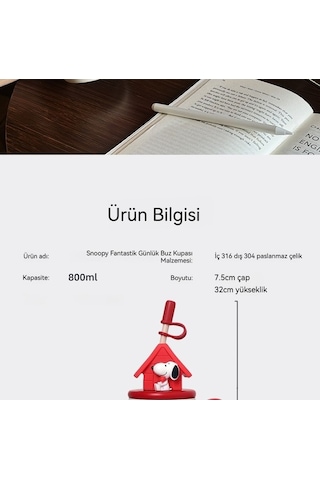 Pazly Snoopy Taşını Büyük Kapasiteli 800ml Termos Hasır Fincan Kırmızı Kırmızı