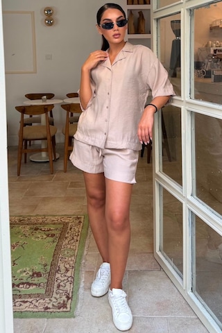 Madmext Bej Kısa Kollu Modal Gömlek Şort Takım Mg2739