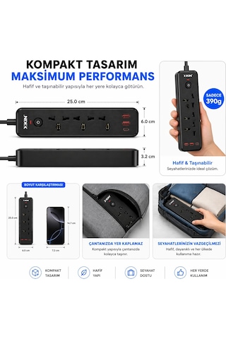 Bychie Xkin 2500w Akım Korumalı Priz 6 Lı Usb-c Pd 30w 0.1 M