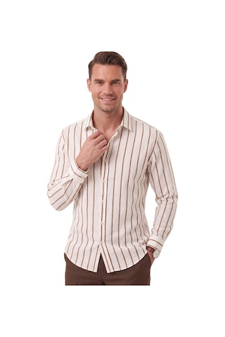 Deepsea Erkek %100 Pamuk Slim Fit Dar Kesim Keten Dokulu Çizgili Uzun Kollu Kahve Gömlek 2600034