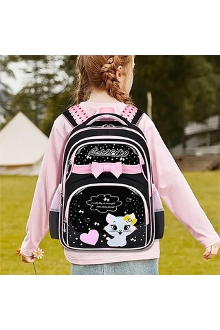 Dream011 Sevimli Çizgi Film Kedi Desenli Pembe Büyük İlkokul Çantası 1-6 Sınıflar Kız Çocuk Ultra Hafif Büyük Kapasiteli Pembe