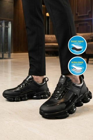 Walkway Siyah Bağcıklı Kalın Rahat Tabanlı Erkek Casual Yürüyüş Ayakkabı Sneaker Zenith Siyah-siyah