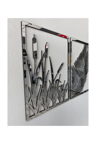 Mdf Üzeri Gümüş Pleksi Yaprak Ve Sazlık 'lü Set Duvar Dekorasyon Her Biri 35x25 Cm 001