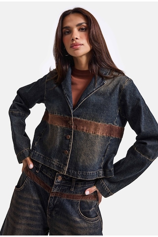 Kadın Koyu Kot 2w6-8 Oversize Kemer Boy Tasarım Denim Ceket