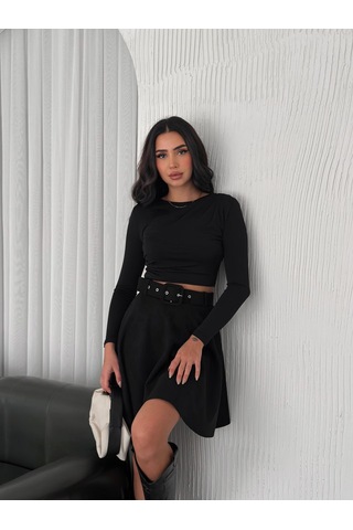 Ozy Fashion Kadın Siyah Renk Midi Boy Kemerli Süet Kloş Etek Siyah