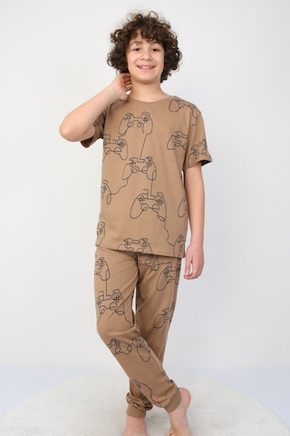 Zuzunga Kısakollu Play Console Desenli Erkek Çocuk Pijama Takımı Alt-üst Kahverengi
