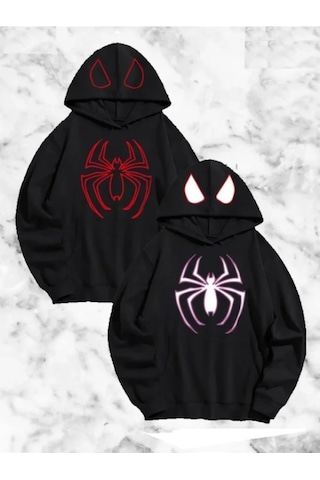 Efnaz Style Sevgili Çift Kombini Örümcek Baskılı Kapüşonlu Sweatshirt Hoodie - Siyah
