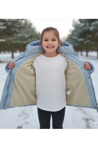 Boutiguestyles Kız Çocuk Şişme Mont Kürklü Gri Sedefli Işıltılı Çıkarılabilir Kapüşonlu Fermuarlı Gri mavi