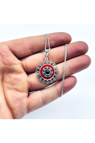 Margazit Kırmızı Mine Ve Oltu Taşı İşçilikli 925 Ayar Gümüş Kolye Kırmızı