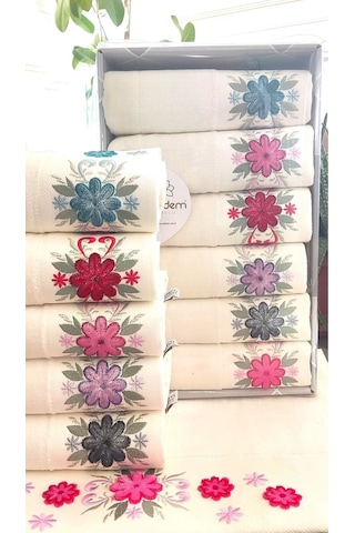 6.lı Set Annem 50x90 Cm. Özel Tafting Nakışlı Kadife Doku Çeyizlik Lüks Havlu Seti Beyaz Renkli