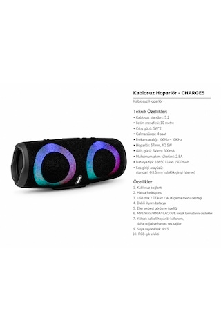 Charge5 Taşınabilir Bluetooth Hoparlör Rgb Işıklı Aux/tf Kart Destekli Güçlü Ve Net Ses Performansı