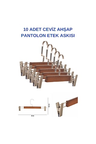 A Kalite 10 Adet Lamine Ceviz Ahşap Mandallı Pantolon Askısı Ceviz