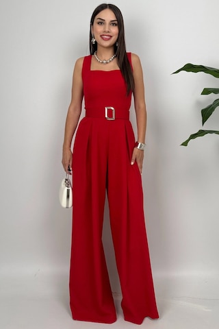 Noir Flow Kadın Kırmızı Kemerli Askılı Bol Paça Tulum Zarif Şıklık Kırmızı