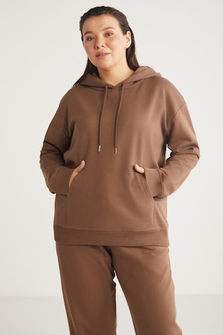 ETHIQUET TEREZABB Kadın Içi Polarlı Yumuşacık Comfort Fit Kapüşonlu Kanguru Cep Kahverengi Büyük Beden Sweatshirt