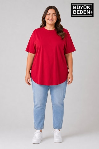 Superlife Süperlife Büyük Beden Kadın Bisiklet Yaka Basic Oval Etek Detalylı 3xl-6xl Uzun Tunik Spr26btsk502 Kırmızı