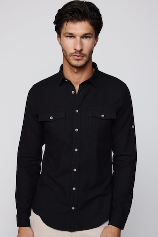 Tudors Slim Fit Uzun Kol Çift Cep Pamuk Keten Spor Yaka Siyah Erkek Gömlek-28838-siyah Siyah