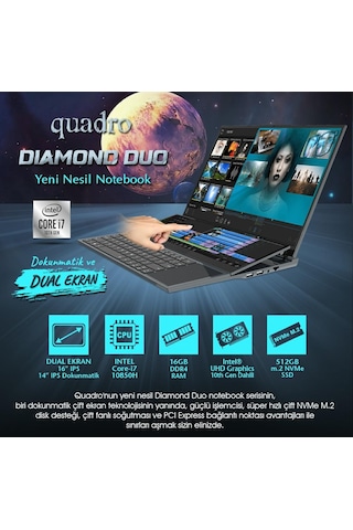 Quadro Diamond Duo DS1630 i7-10850H 16 GB 512 GB SSD O/B UHD 16" IPS + 14" IPS Dos Dokunmatik Dizüstü Bilgisayar
