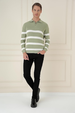Efor Slim Fit Çizgili Fermuarlı Polo Yaka Yeşil Triko Kazak Tr 877 Yeşil