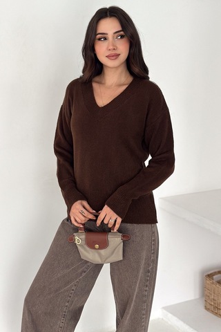 Noa & Noa Kadın V Yaka Triko Kazak Cozy Neutral kahverengi