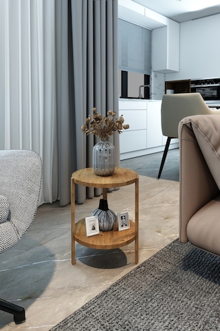 Atlantik Çam 2 Katlı Yuvarlak Sehpa - Çok Amaçlı Dekoratif Yan Sehpa Ahşap