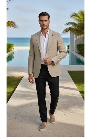 Plus Scorpion Ck089 Erkek Slim Fit Blazer Ceket Tek Düğmeli Çift Yırtmaçlı Torba Cepli Yarım Astarlı Bej