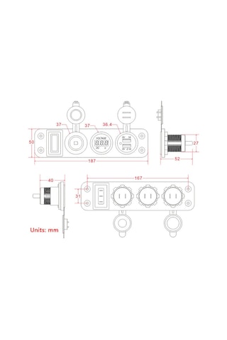 Skycity Araba Gemi Usb Şarj Paneli 3.1a İki Usb + Kırmızı Voltmetre + Anahtarlı Alıcı, 12-24v, Kırmızı Işık