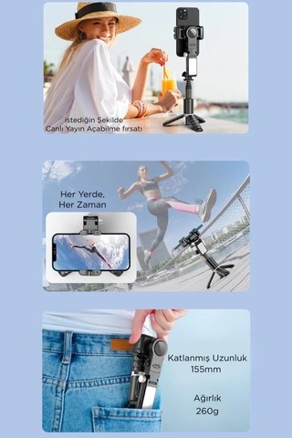 Premium Q18 Siyah Gimbal Selfie Çubuğu Taşınabilir Stant Çekim Ayağı Yayıncı Ekipmanı