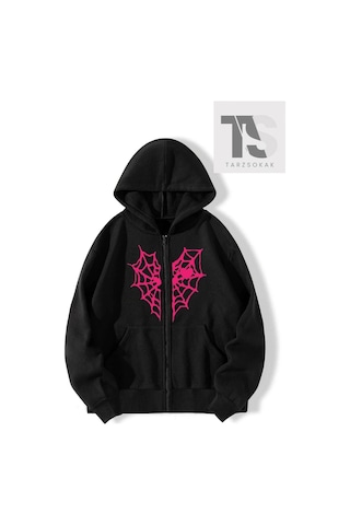 Adrift Kırmızı Kalp Örümcek Ağ Sweatshirt Fermuarlı Hırka Siyah