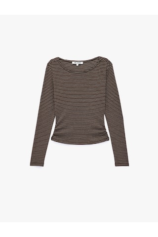 Koton Pamuklu Slim Fit Büzgülü Kayık Yaka Uzun Kollu Çizgili Tişört Kahverengi Çizgili 7wal10446ık