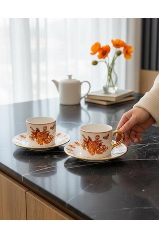 2 Kişilik Double Amber Mustard Bloom Kahve Fincanı-5700 Turuncu