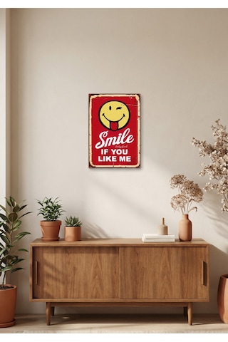 Smile If You Like Me Retro Tablo Emoji Temalı Eğlenceli Dekoratif Duvar Tablosu Ahşap & Ahşap Baskı