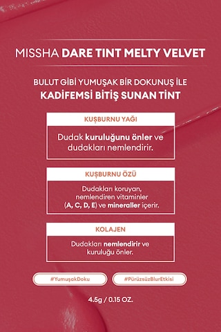 Missha Uzun Süre Kalıcı Bulaşma Yapmayan Kadifemsi Bitiş Sunan Tint Dare Tint Melty Velvet Rosy Lofi 0