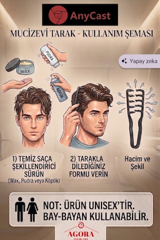 Anycast Unisex Geniş Dişli Hacim Veren Şekillendirici Mucize Saç Tarağı - French Crop Doku Ve Dalga Etkili Siyah