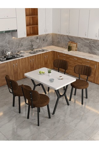 Azra 70x110cm Beyaz Mutfak Masası, Mutfak Masası Takımı, Yemek Masası, 4 Kahverengi Sandalye Kahverengi