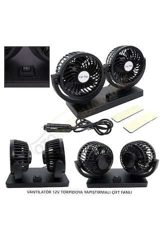 Araç İçi Torpido Üstü 2li Vantilatör Oto Pervane 5 İnç 12 Volt 2 Hız Ayarlı Çakmaklık Girişli