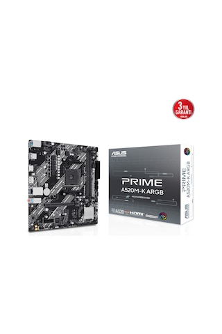 Asus Prıme A520m-k Argb, 2xddr4, 1x M.2, Dp, Hdmı, Am4 Soket Anakart