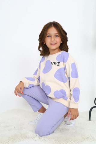 Kalp Baskılı Kız Çocuk Alt Üst Takım Gri - Pudra