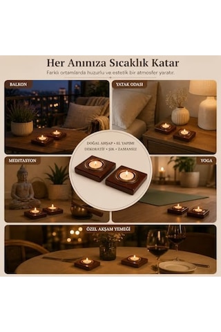 Bfastore El Yapımı Ahşap Tealight Mumluk Seti, Dekoratif Tasarım, 2 Adet, 9x7x1,5 Cm, Renk Seçenekli Koyu Maun Mumluk + Antik Renkli Hazne Altın