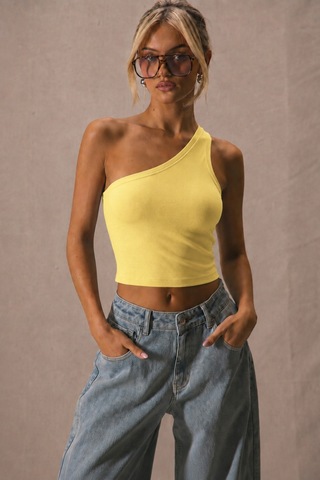 Tarz Cool Kadın Tek Omuz Crop Atlet Esnek Slim Fit Süprem Kumaş Asimetrik Yaka Bluz Sarı
